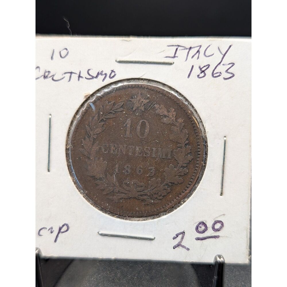 Antique 1863 Italy 10 Centesimi Copper Coin King Vittorio Emanuele II Flip